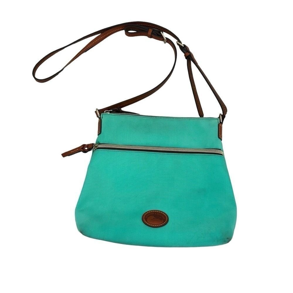 Dooney & Bourke Canvas Crossbody Bag Small Teal Leather Trim Duck Logo Front Zip
